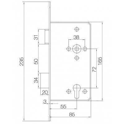 Корпус врезного замка DL401/55 PZ72RT с запорной планкой (1)