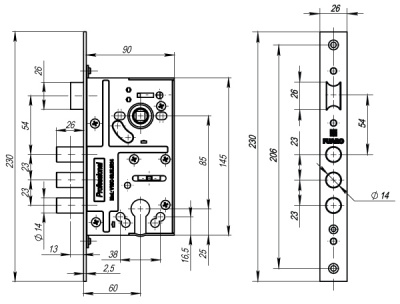 Корпус замка V10/C-60.85.3R14 c защелкой FUARO2