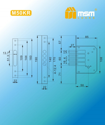 Замок врезной M50KR PB  с крестооб.кл. MSM	2